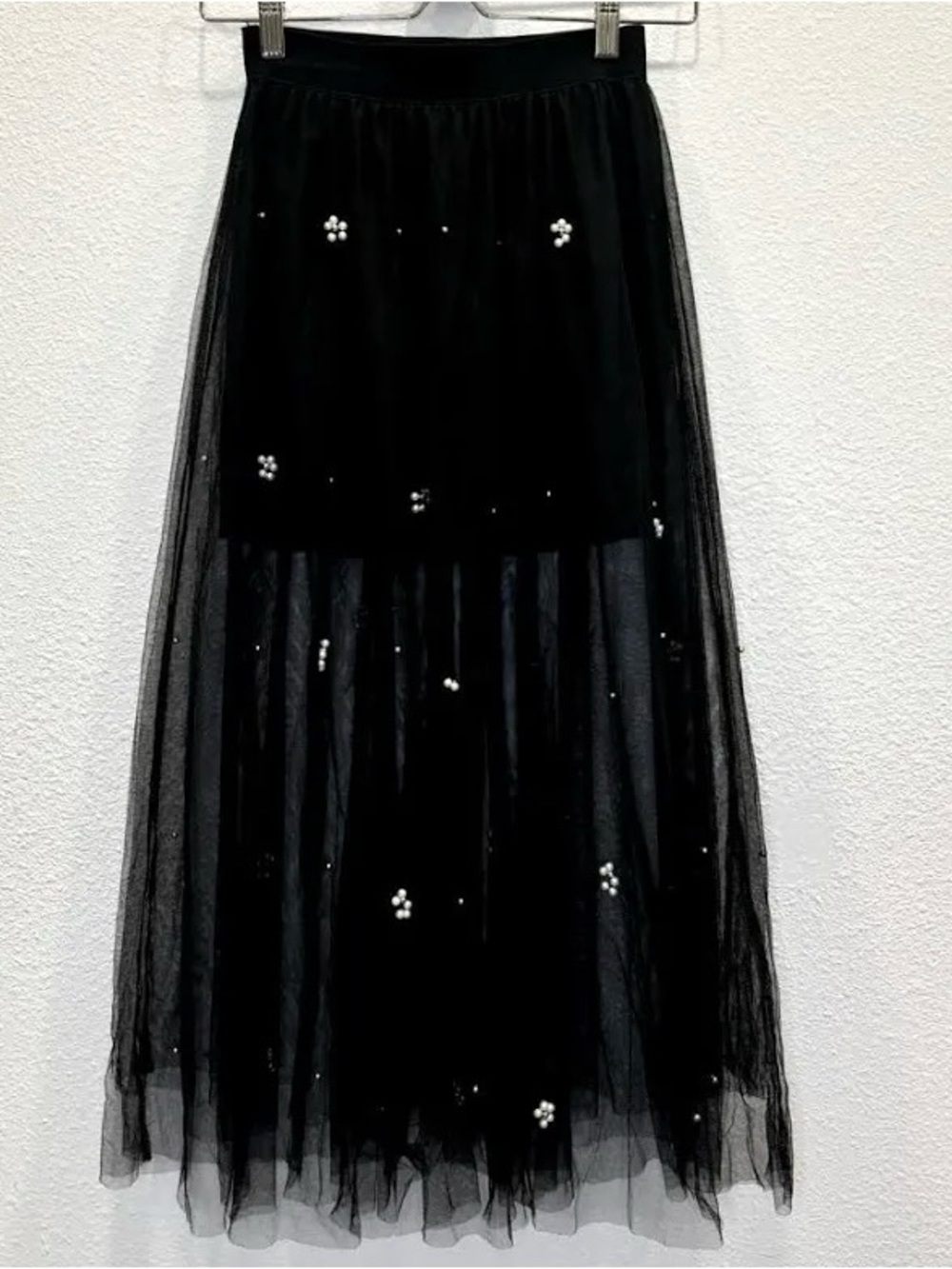 Forever 21 Black Tulle Maxi Skirt with Pearl Embellishments